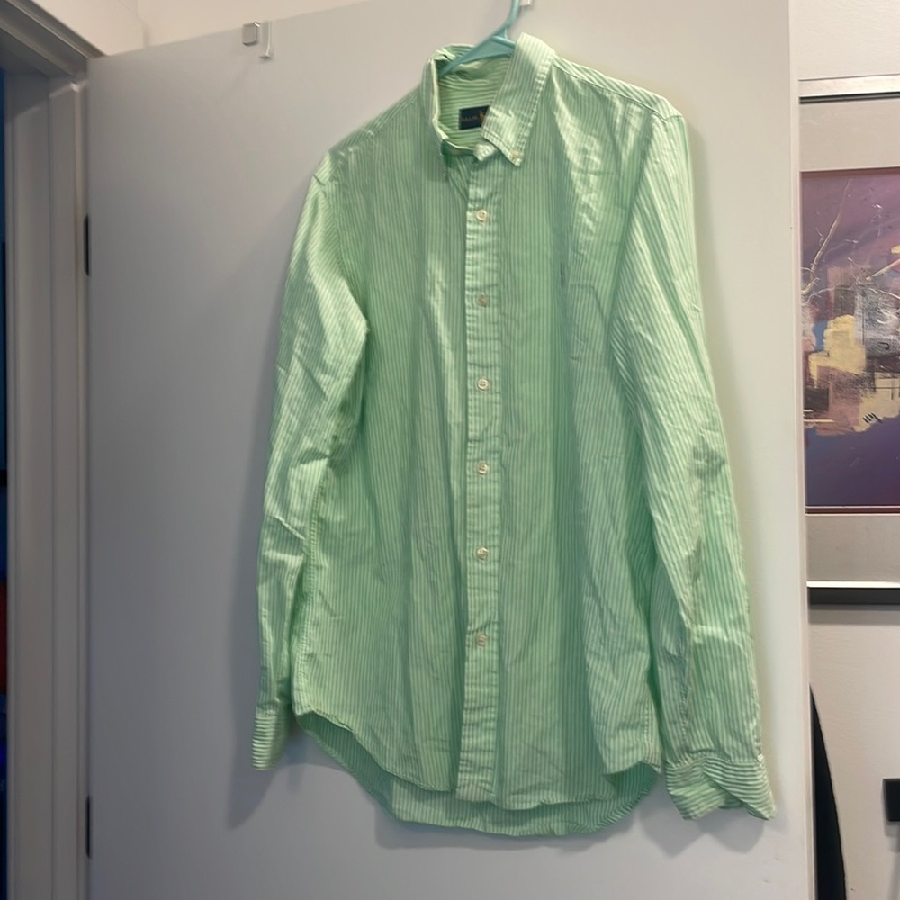 Green and white striped Men’s Ralph Lauren polo shirt size medium